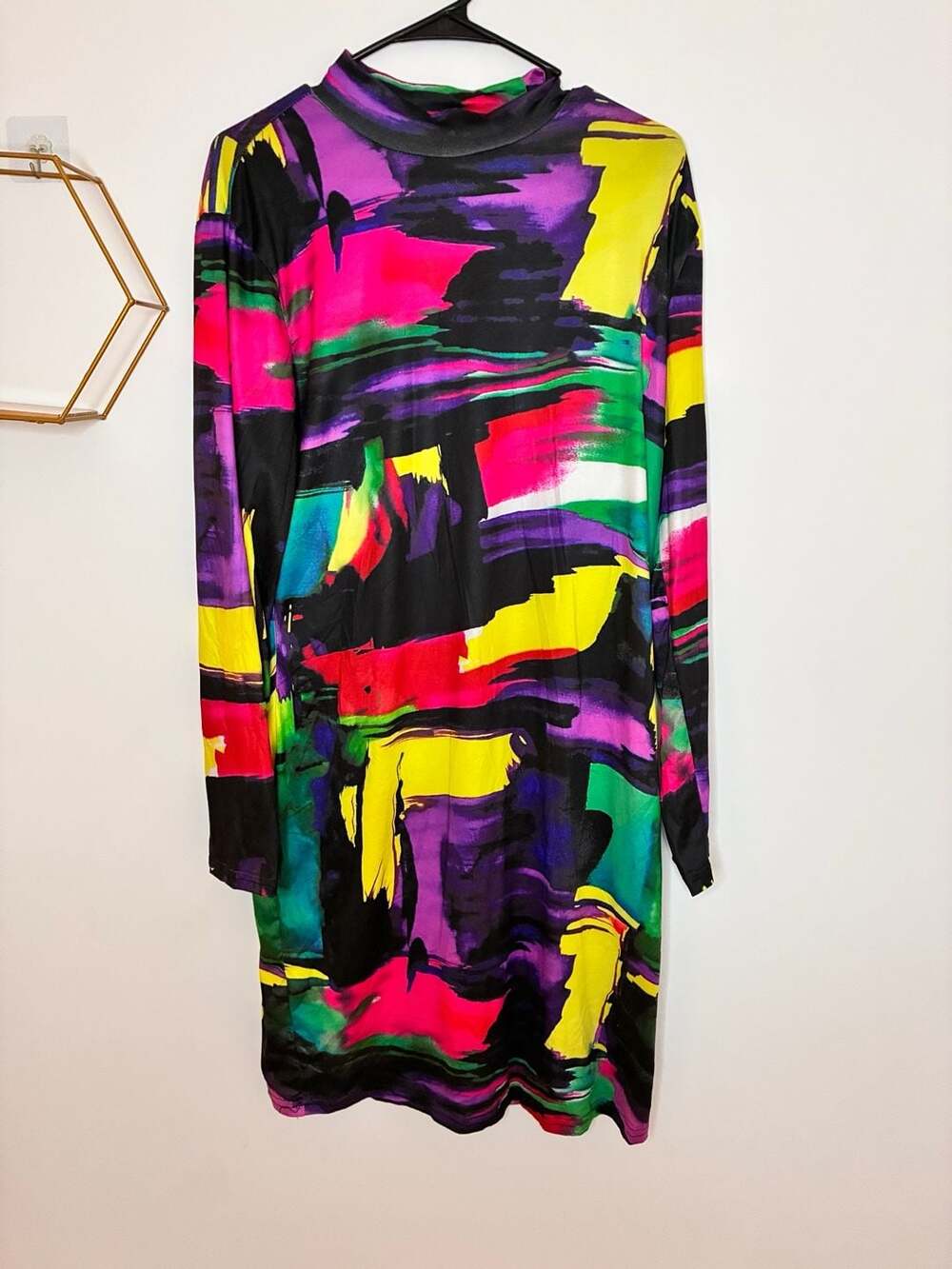 SHEIN 1XL Abstract Multicolored Print Mock Neck Long Sleeve Dress